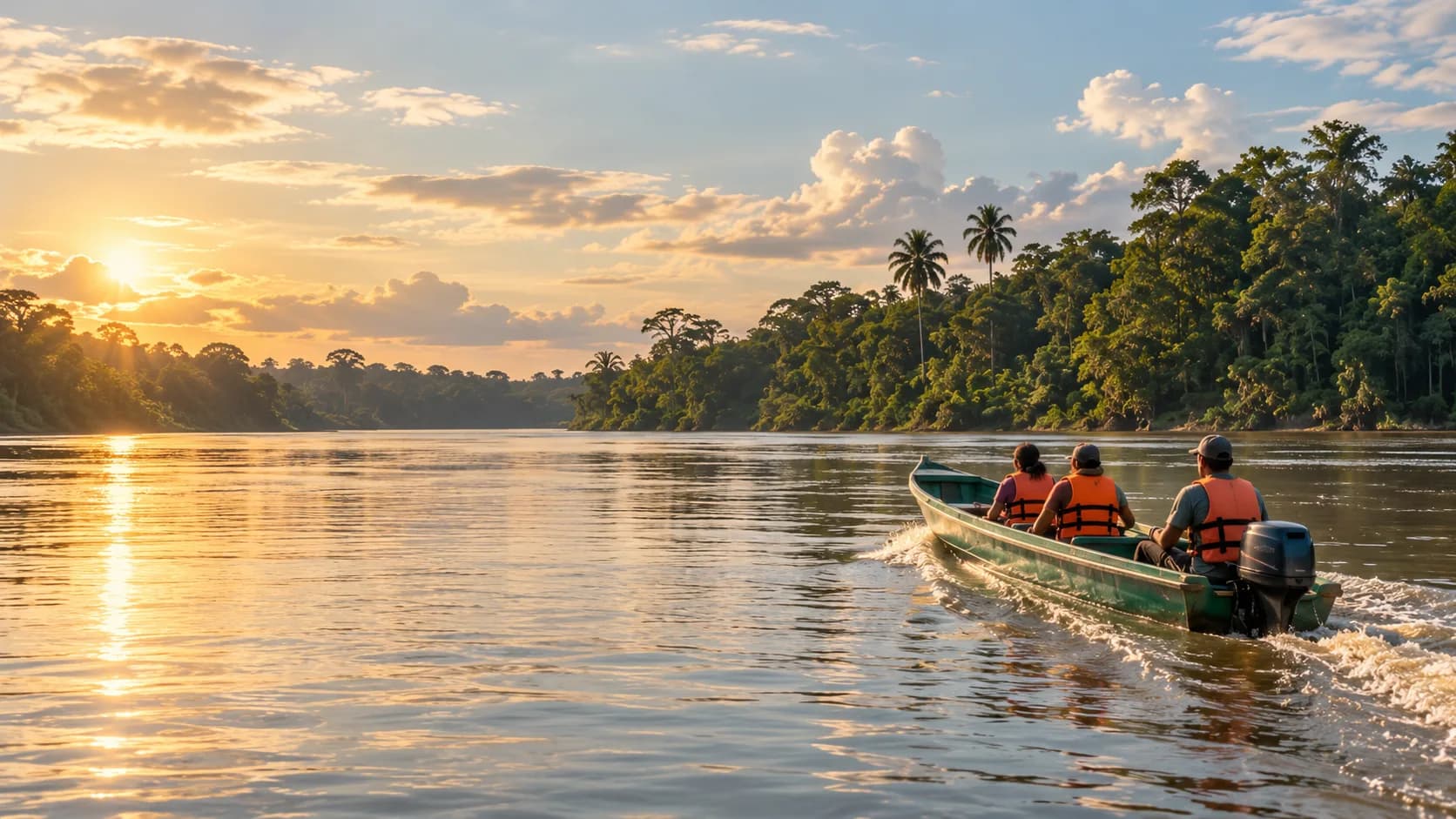 Boat journey on a forest-lined river in Suriname; all occupants wear lifejackets.